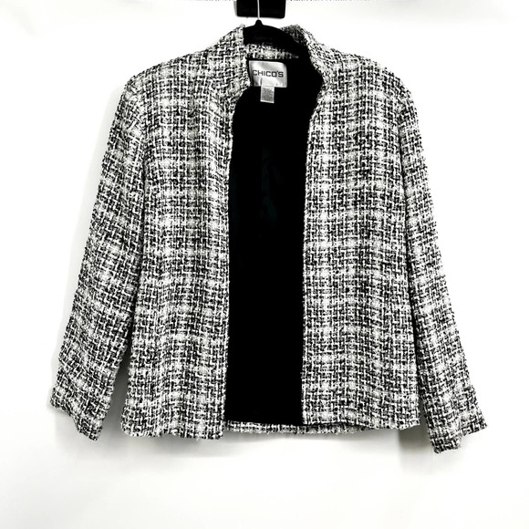 Chico's Tweed Blazer Gray White Black Textured Jacket Wool Blend Size Small - Picture 1 of 13